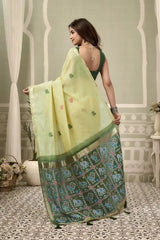 Light Pistachio Green Zari Woven Saree side drape view – heavy cotton, zari weaving detail | KS304 Kalyanja