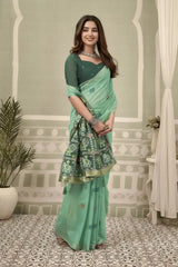 Mint Green Zari Woven Saree zari border close-up – woven zari thread against cool mint body | KS304 Kalyanja