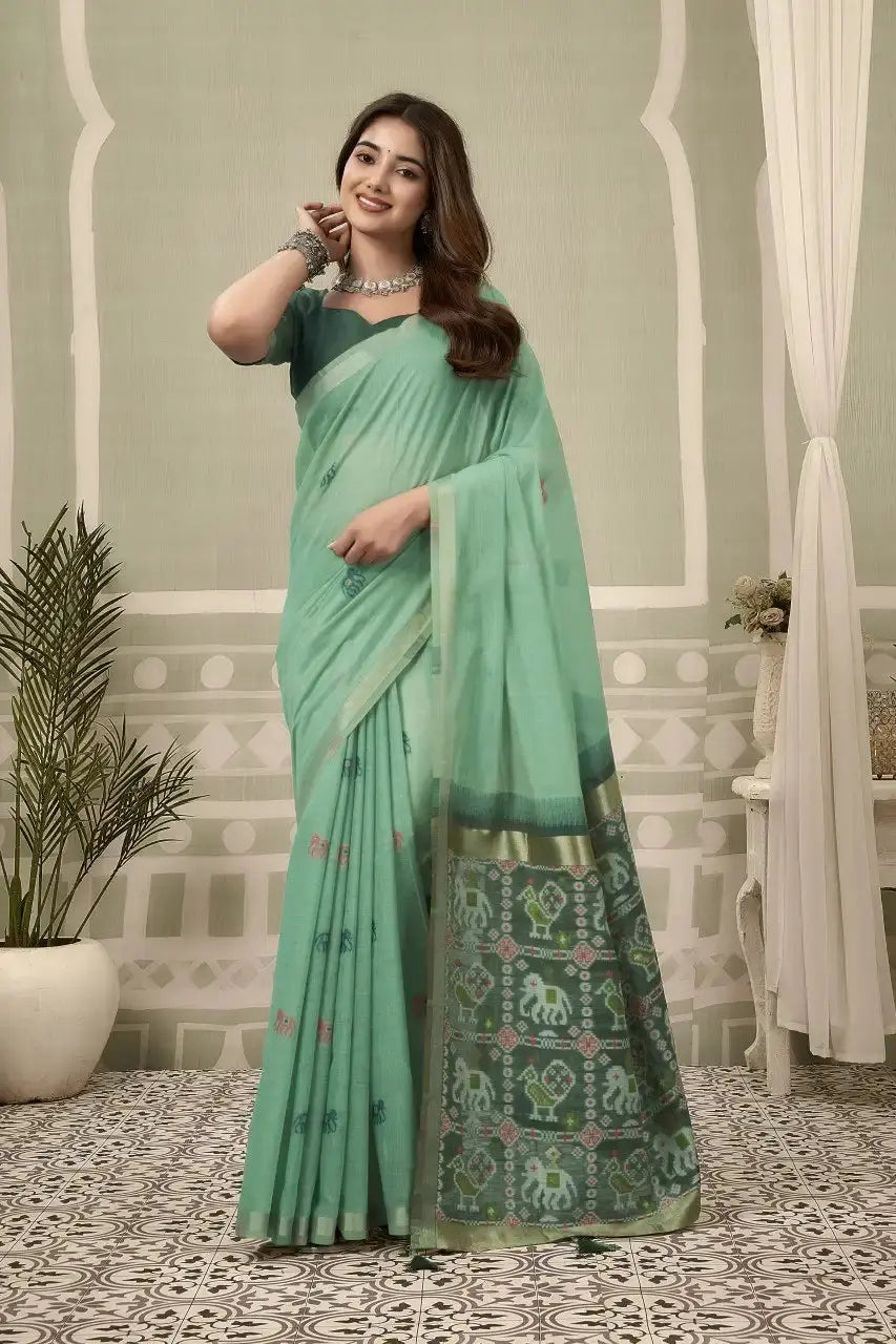 Mint Green Zari Woven Saree front drape – zari woven border, contrast pallu, heavy cotton | KS304 Kalyanja