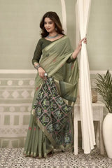 Olive Green Zari Woven Saree body close-up – heavy cotton texture, zari woven detail | KS304 Kalyanja