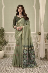 Olive Green Zari Woven Saree front drape – zari woven border, contrast pallu, heavy cotton | KS304 Kalyanja