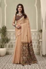 Peach Zari Woven Saree front drape – zari woven border, contrast pallu, heavy cotton | KS304 Kalyanja