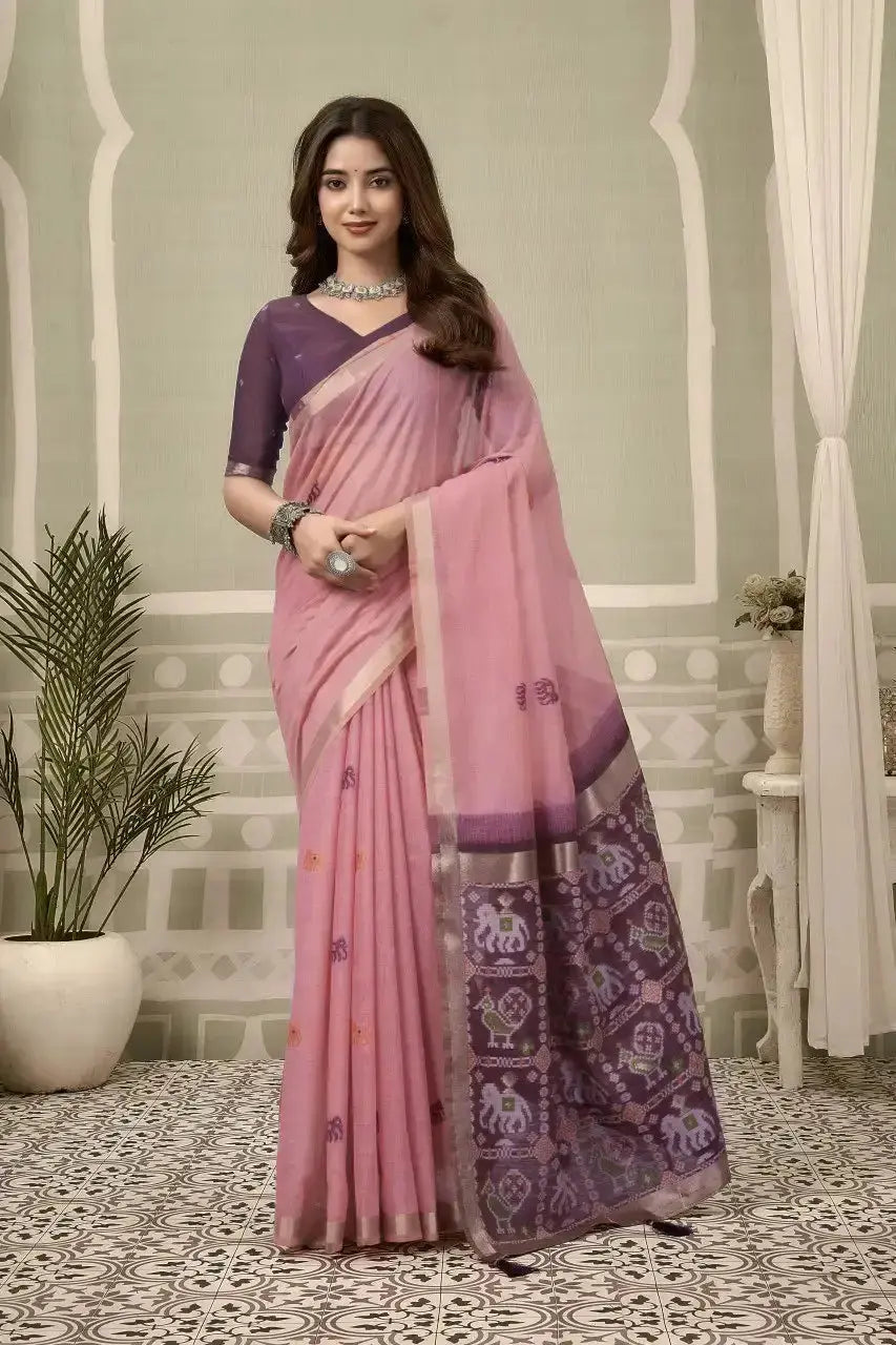Soft Pink Zari Woven Saree front drape – zari woven border, contrast pallu, heavy cotton | KS304 Kalyanja
