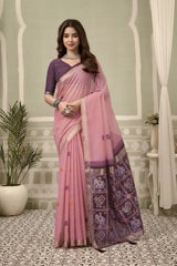 Soft Pink Zari Woven Saree front drape – zari woven border, contrast pallu, heavy cotton | KS304 Kalyanja