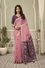 Soft Pink Zari Woven Saree front drape – zari woven border, contrast pallu, heavy cotton | KS304 Kalyanja