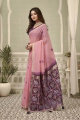 Soft Pink Zari Woven Saree side drape view – heavy cotton, zari weaving detail | KS304 Kalyanja