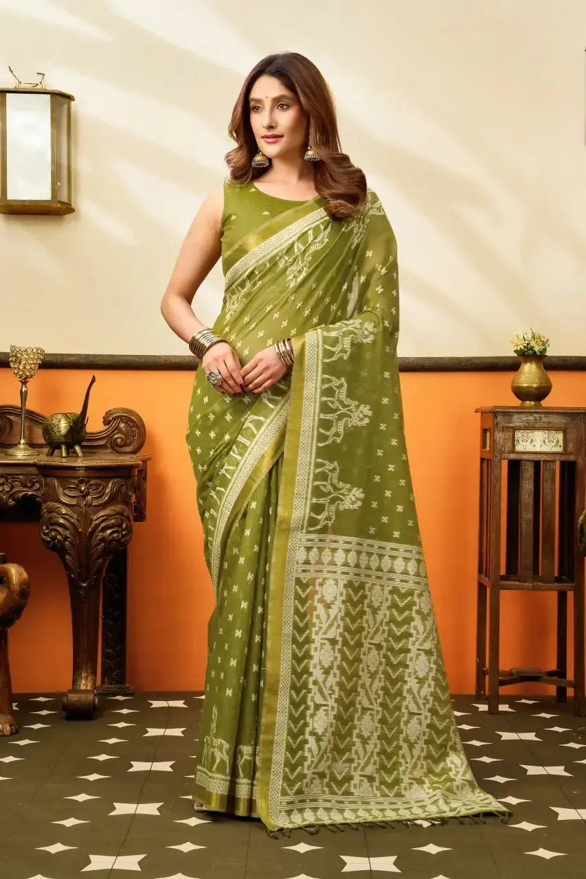 Android Green Jacquard Weaving Saree — full front drape with ikat-inspired woven pallu and butti body