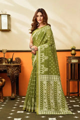 Android Green Jacquard Weaving Cotton Saree — full front view with woven pallu and zari border