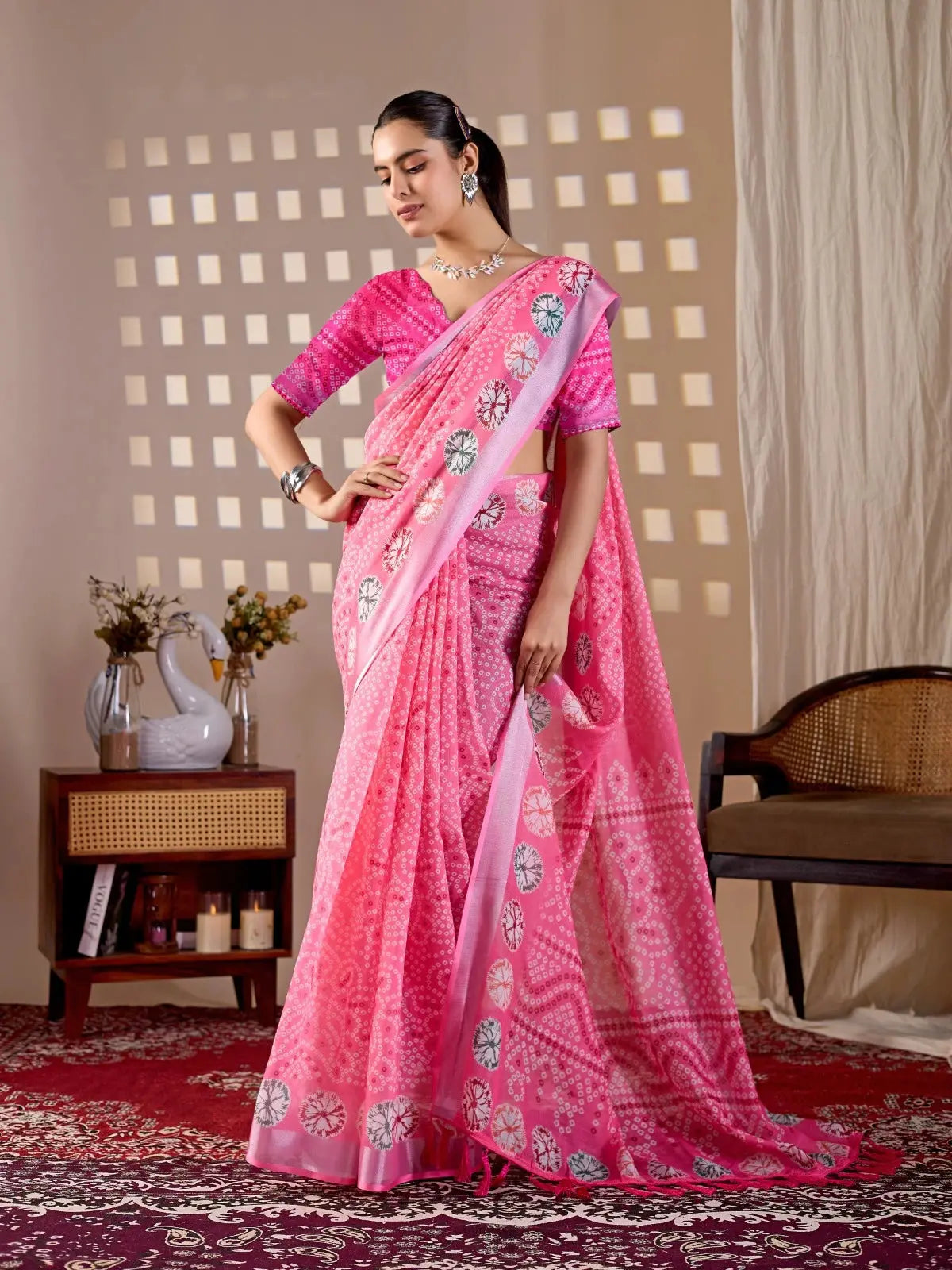 Full body front view of Pink Floral Digital Print Saree with floral printed pallu and zari border