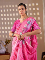 Half body view of Pink Floral Digital Print Saree — holding pallu showing multicolour shibori medallions
