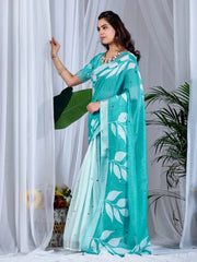Side profile of Aqua Blue Floral Digital Print Saree — full length teal-to-mint ombre in soft linen cotton
