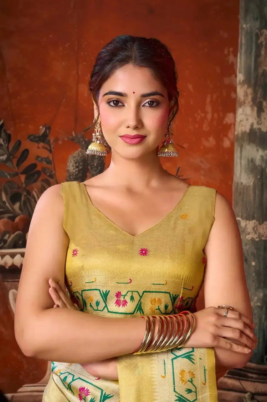 Golden Beige Tissue Silk Blend Jacquard Weaving Saree back view – contrast pallu draped over shoulder | KS309 Kalyanja