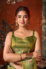 Olive Green Tissue Silk Blend Jacquard Weaving Saree body close-up – intricate jacquard woven texture | KS309 Kalyanja