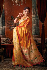 Orange Tissue Silk Blend Jacquard Weaving Saree Paithani border close-up – richly woven border detail | KS309 Kalyanja
