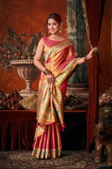 Pink Tissue Silk Blend Saree — full front smiling pose with gold Paithani woven border clearly visible