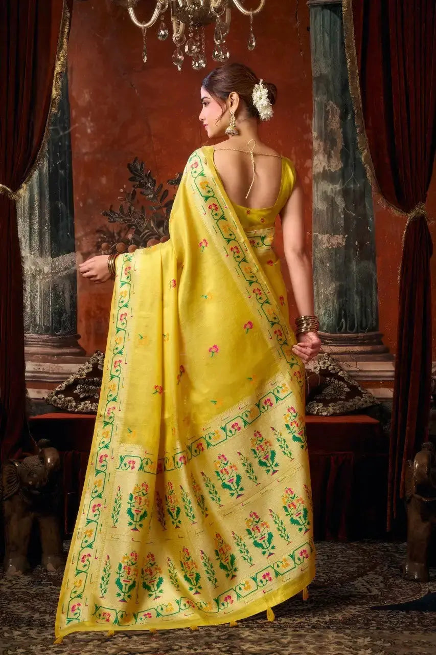 Yellow Tissue Silk Blend Jacquard Weaving Saree Paithani border close-up – richly woven border detail | KS309 Kalyanja