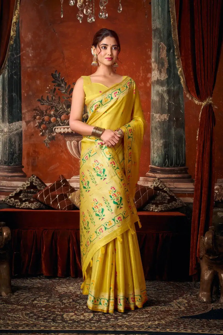 Yellow Tissue Silk Blend Jacquard Weaving Saree contrast pallu detail – KS309 by Kalyanja