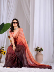 Seated full body view of Soft Peach Wine Ombre Saree — complete peach-to-wine gradient visible