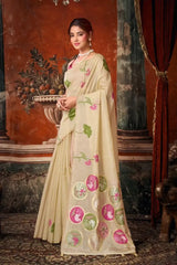 Beige Jacquard Weaving Saree Khadi Cotton side drape – jacquard weaving detail | KS313 Kalyanja