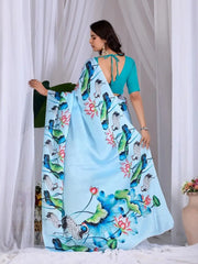 Sky Blue Digital Print Saree – back view showing deep V-back teal blouse with dori tie strings