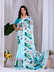 Sky Blue Digital Print Satin Georgette Saree – front drape view, crane and lotus all-over print