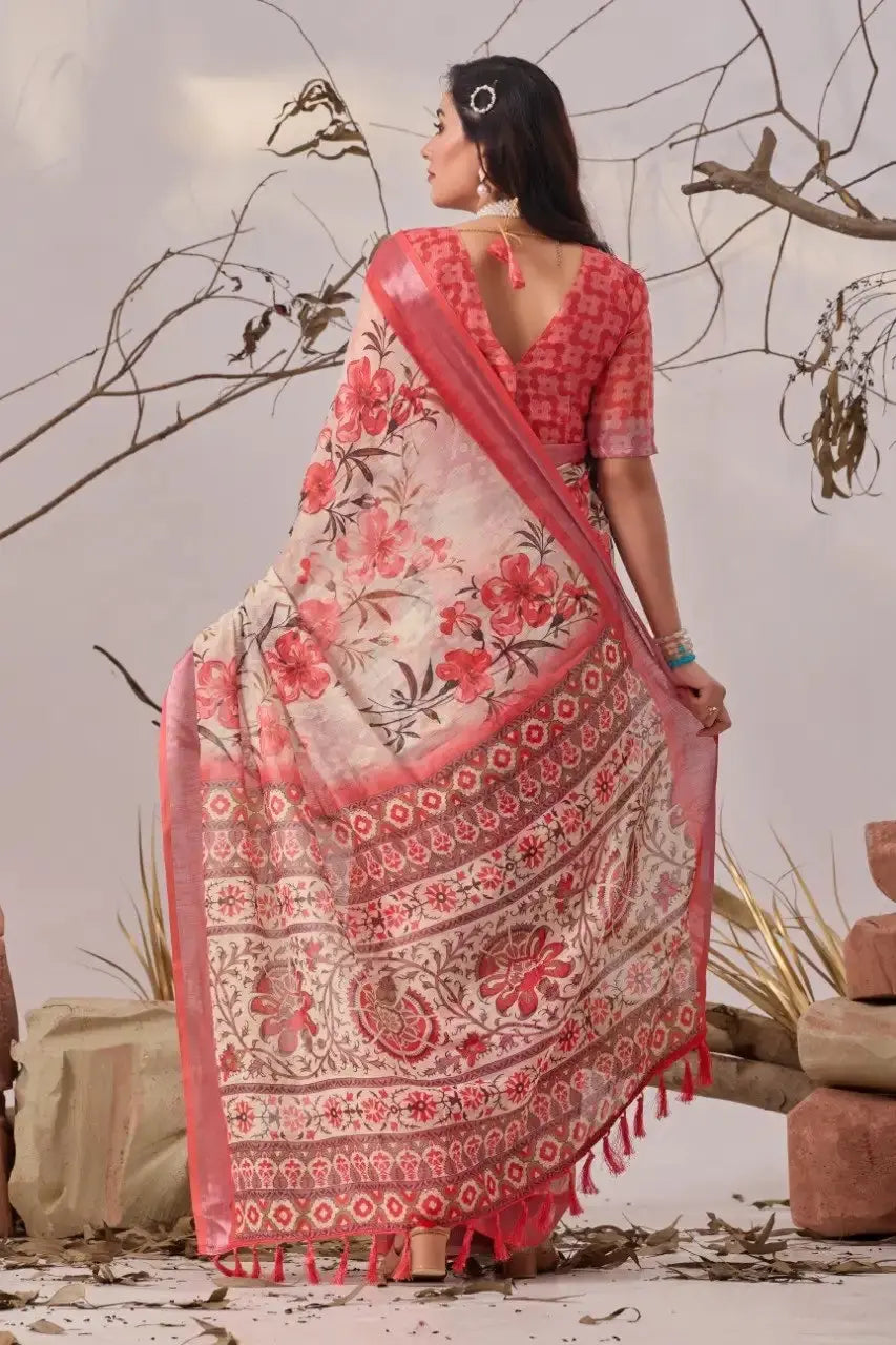 Beige Digital Print Saree – back view showing blouse back and pallu fall with red coral tassels at hem