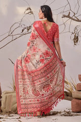 Beige Digital Print Saree – back view showing blouse back and pallu fall with red coral tassels at hem