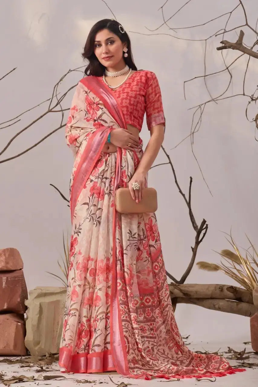 Beige Digital Print Saree – front drape styled with clutch, large hibiscus floral print and coral border