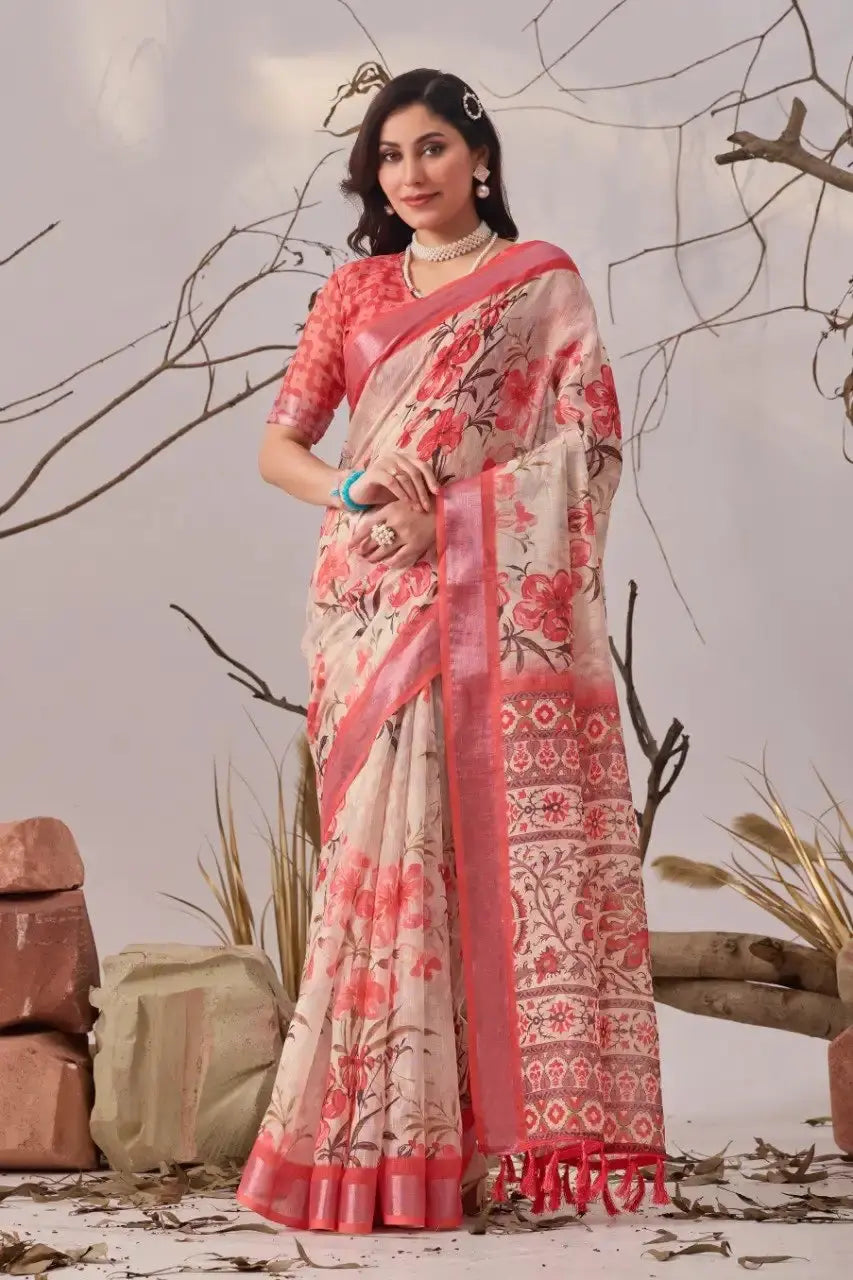 Beige Digital Print Linen Cotton Saree – front full drape with coral contrast border and Kalamkari pallu