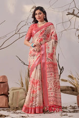 Beige Digital Print Linen Cotton Saree – front full drape with coral contrast border and Kalamkari pallu