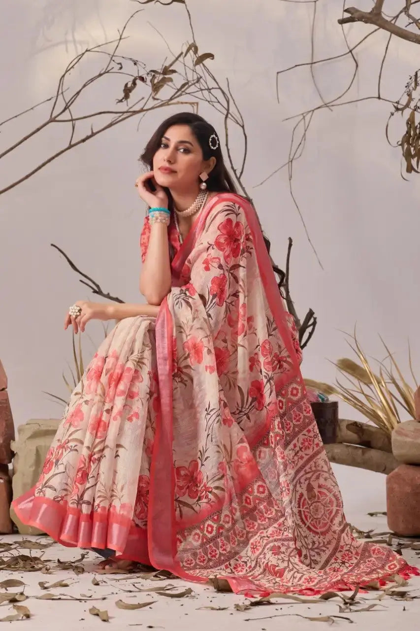 Beige Linen Cotton Saree – full seated pose showing floral print body and Kalamkari pallu spread