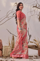 Beige Linen Cotton Saree – side view showing floral body print, coral contrast border and pallu drape