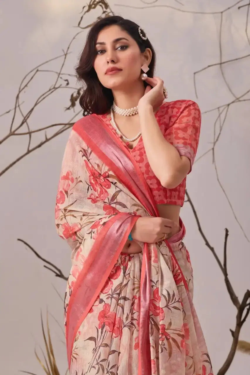 Beige Digital Print Saree – upper body close-up showing large hibiscus floral print and coral border detail