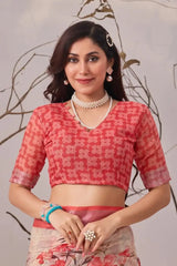 Running blouse close-up – coral V-neck half sleeve blouse with all-over floral buti print, KS324