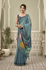 Dusky Blue Jacquard Weaving Cotton Saree back view – woven pallu draped over shoulder | KS325 Kalyanja