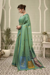 Mint Green Jacquard Weaving Cotton Saree side drape view – jacquard weaving detail, heavy cotton | KS325 Kalyanja