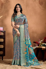 Rama Blue Kalamkari Print Silk Blend Saree – front full drape with zari border and all-over floral vine print