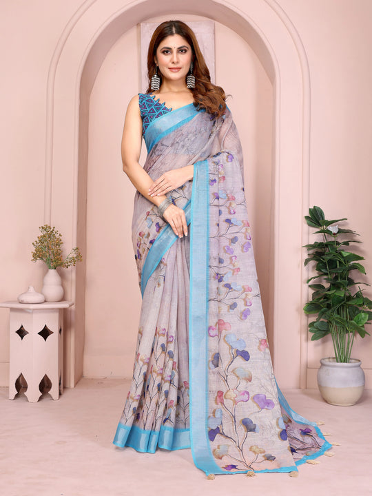 Lavender Digital Floral Print Linen Cotton Saree – front full drape with contrast turquoise border and watercolour botanical print