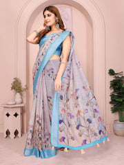 Lavender Linen Cotton Saree – side view showing watercolour botanical print body and contrast border with cream tassels