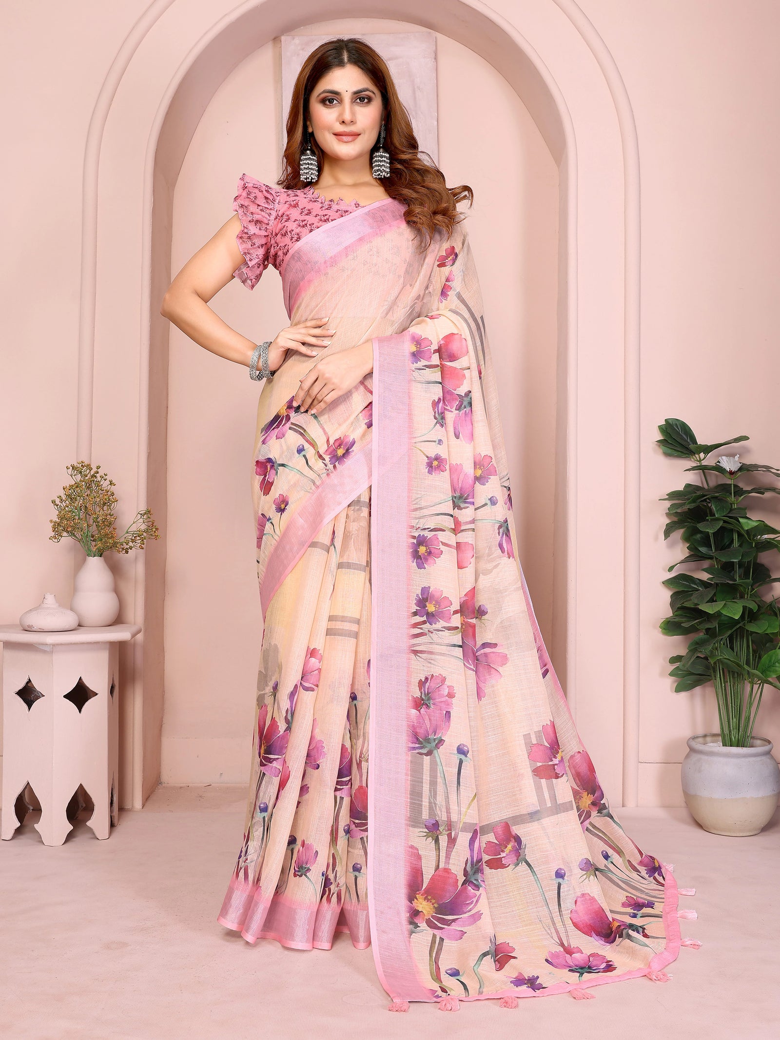 Peach Digital Floral Print Linen Cotton Saree – front full drape with cosmos floral print and contrast pink border