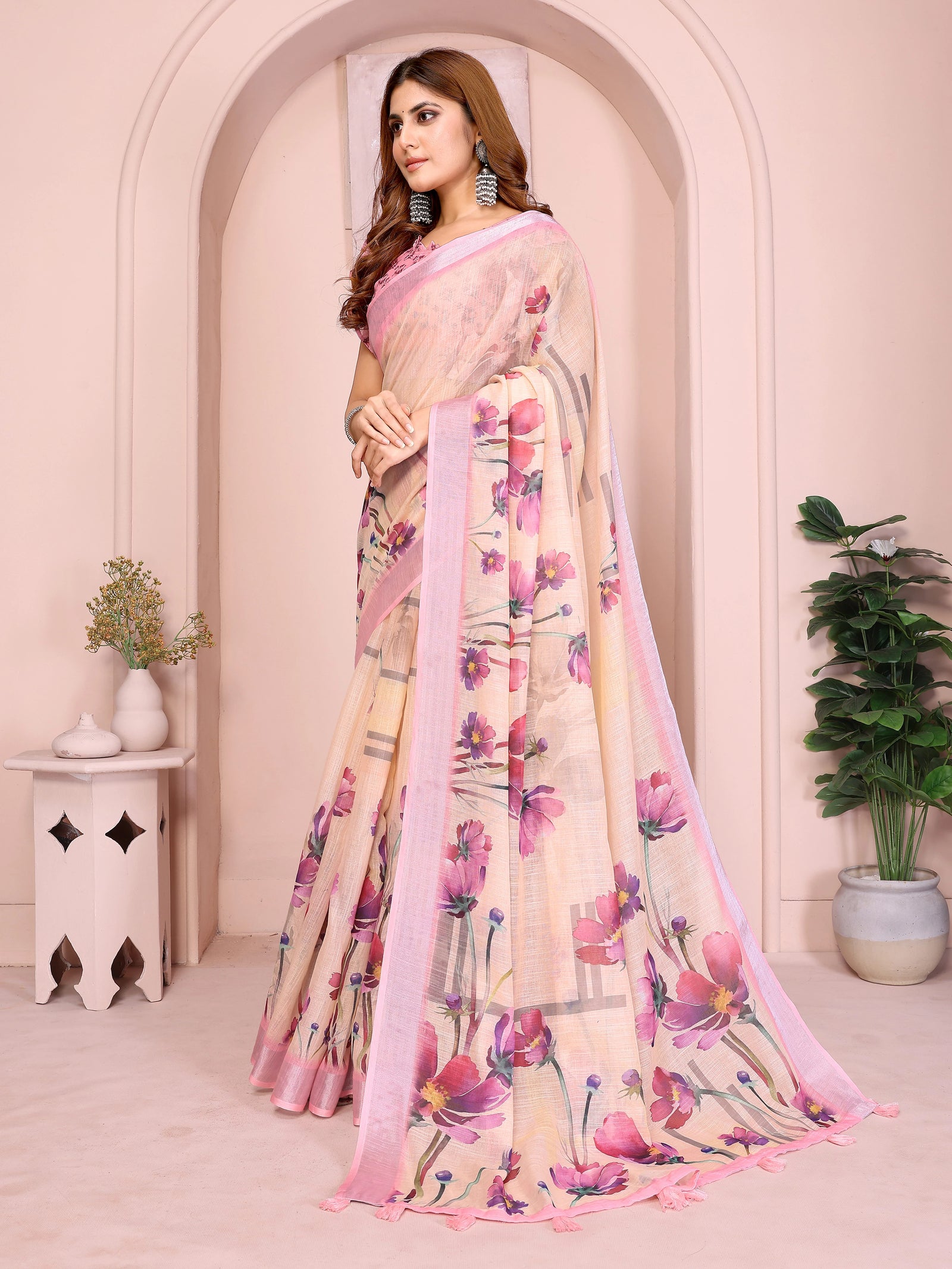 Peach Digital Floral Print Saree – side view showing large cosmos florals and contrast border with pink tassels