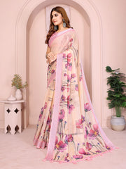 Peach Digital Floral Print Saree – side view showing large cosmos florals and contrast border with pink tassels