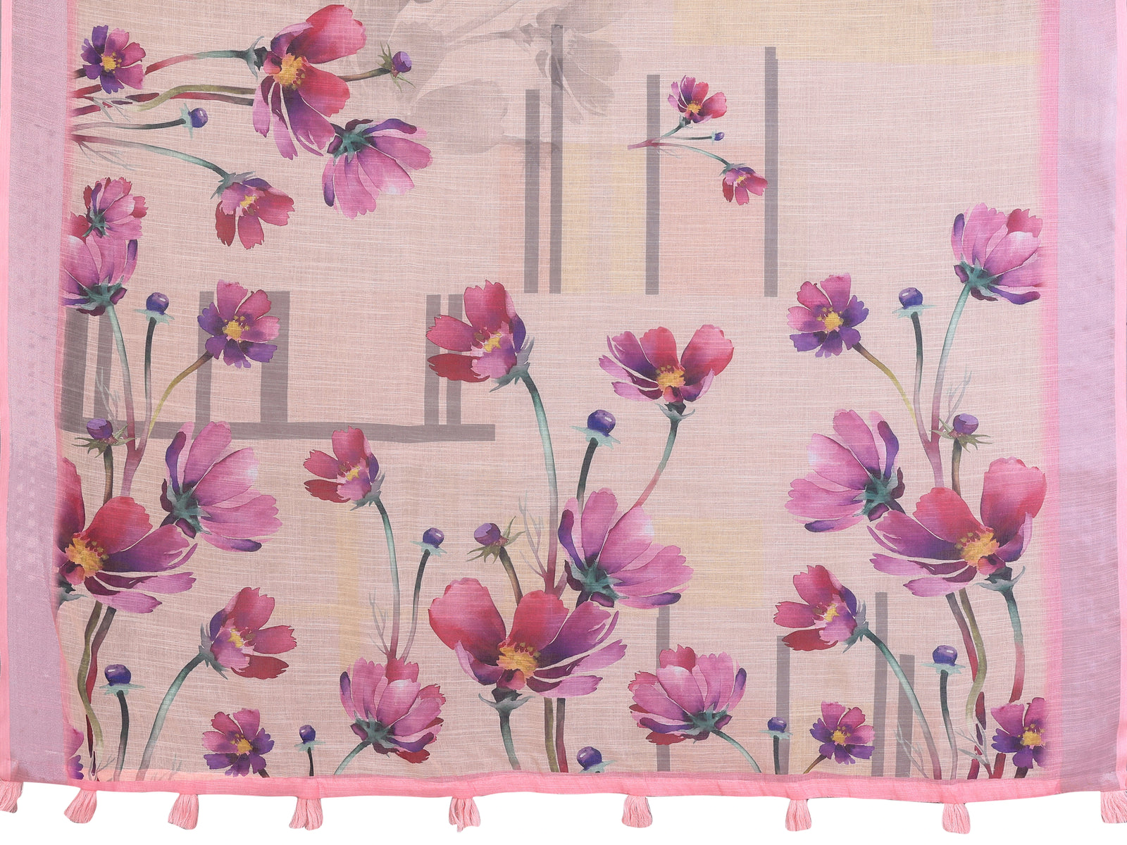 Peach Linen Cotton Saree fabric detail – large cosmos blooms in pink, fuchsia and purple with contrast pink border and tassels