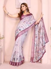 Lavender Linen Cotton Saree – front drape dynamic pose showing folk-art botanical print and wine border with white tassels