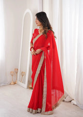 Red Fendy Satin Silk Saree – side view showing full length drape with fancy gold lace border