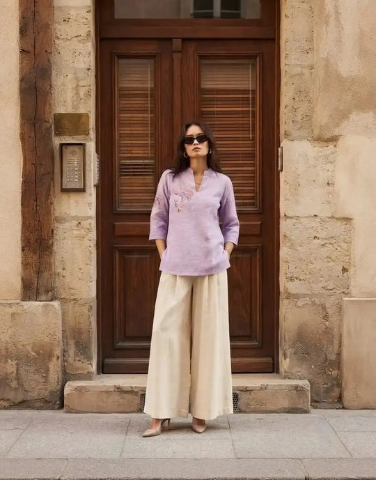 Lavender Embroidered Short Kurti – Full Length Front View | Linen Cotton 3/4 Sleeve | Kalyanja