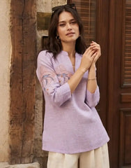 Lavender Linen Cotton Short Kurti – Front View | Floral Embroidery | Kalyanja