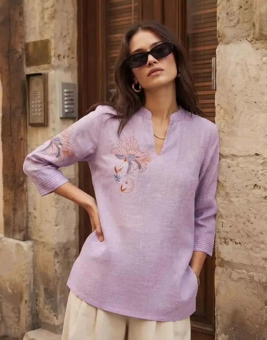 Lavender Short Kurti with Floral Embroidery – Front Side View | Kalyanja