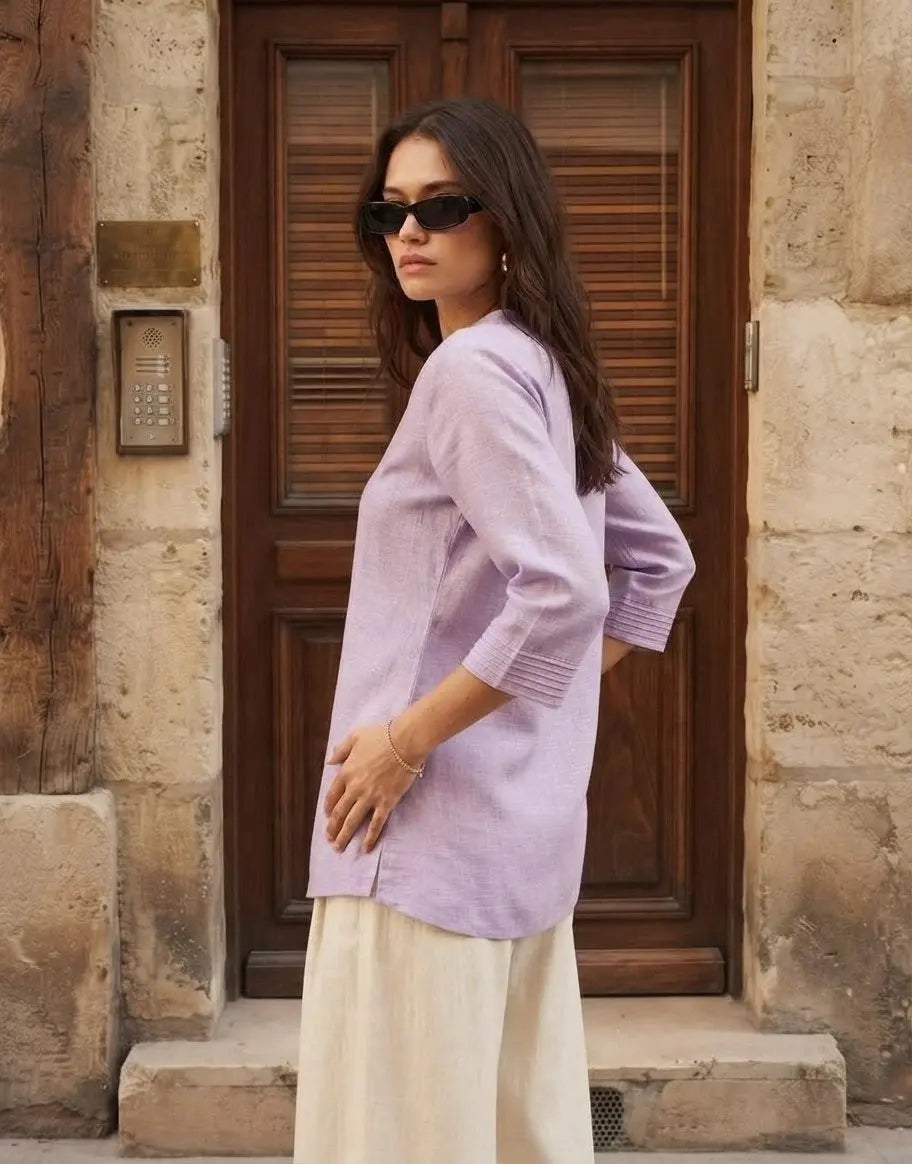 Lavender Linen Cotton Short Kurti – Side View | Pintuck Cuff Detail | Kalyanja