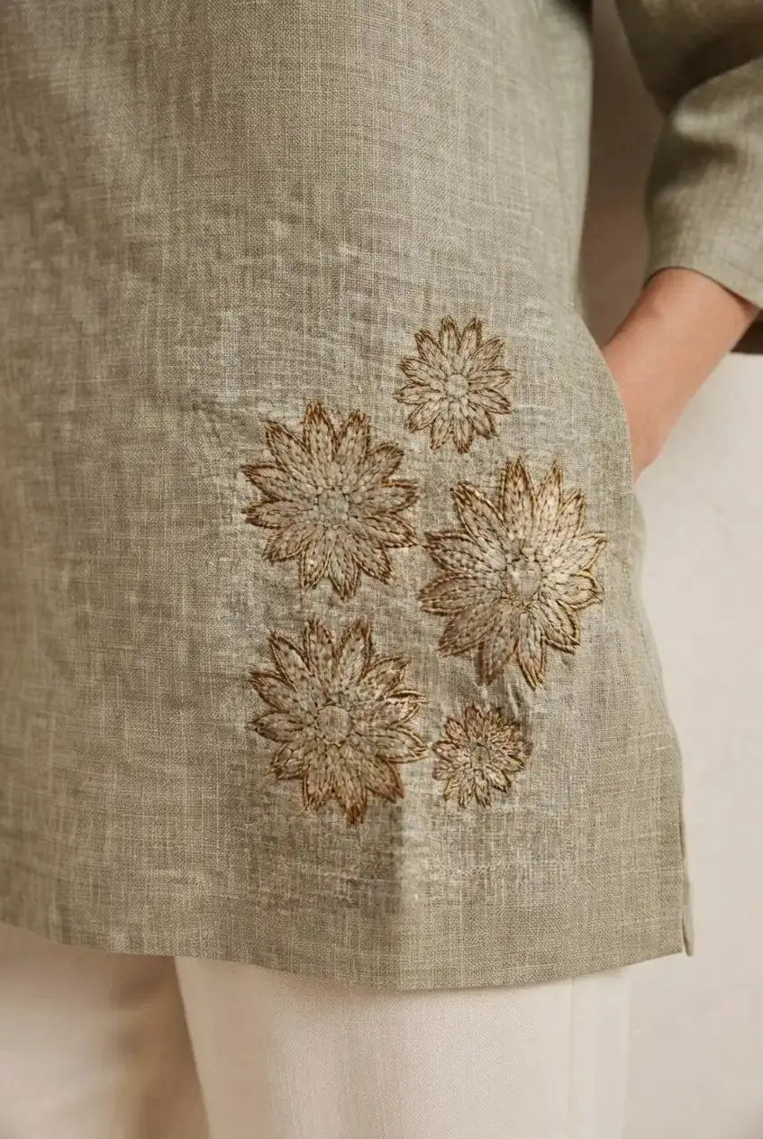 Olive Green Short Kurti – Gold Daisy Cluster Embroidery Detail Close-Up | Kalyanja